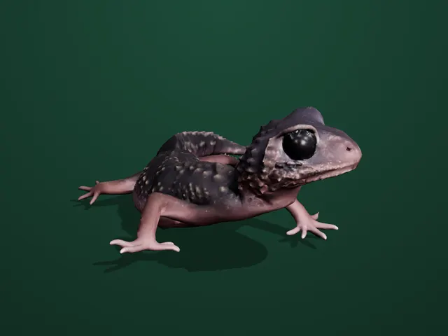 A 3D model of a thick-tailed gecko with large dark eyes and a spotted back